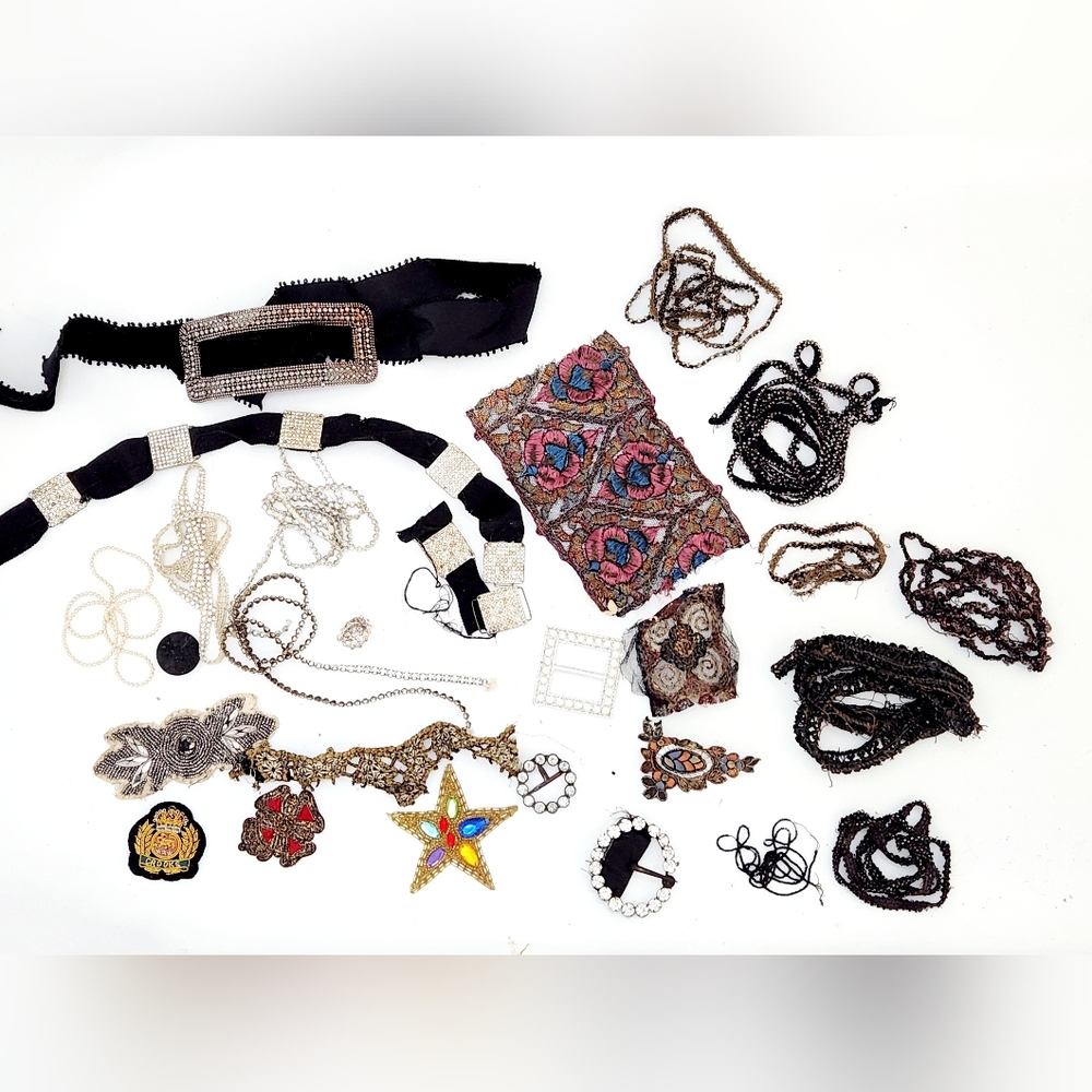 Huge Lot of Antique Victorian Beaded And RhinestoneTrim,Buckles,1920s Purse